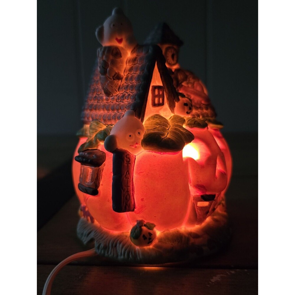 Vintage Porcelain Pumpkin Hand Painted Haunted House W/ Ghosts & Clock Tower - Picture 7 of 7